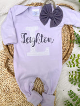 Load image into Gallery viewer, Personalized Baby Girl Outfit | Purple Romper White Lace Initial Purple Baby Name

