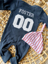 Load image into Gallery viewer, Personalized Baby Boy Outfit | Navy Romper - Jersey Style Football Baseball Baby Name
