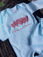 Load image into Gallery viewer, Personalized Newborn Baby Boy Outfit | Baby Blue Romper Valentine Hearts - Benton
