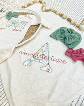Load image into Gallery viewer, Personalized Baby Girl | Oatmeal Knotted Gown Green White Floral Pink with Name
