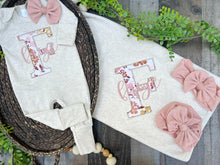 Load image into Gallery viewer, Personalized Baby Girl Outfit | Oatmeal Beige Romper Floral Golden Pink Baby Name
