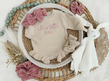 Load image into Gallery viewer, Personalized Baby Girl Newborn Outfit | Oatmeal Sweater Romper Custom Color Baby Name
