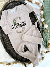 Load image into Gallery viewer, Personalized Baby Boy Name Outfit | Mocha Brown Romper Camo Initial - Stetson Hunter
