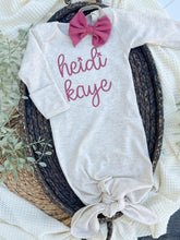 Load image into Gallery viewer, Personalized Baby Girl Outfit | Oatmeal Knotted Baby Gown Deep Pink Chunky Baby Name - Heidi Kaye
