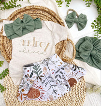 Load image into Gallery viewer, Personalized Baby Girl Outfit | Oatmeal Bodysuit Floral Sage Green Skirt Baby Name
