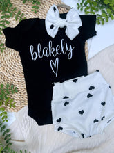 Load image into Gallery viewer, Personalized Baby Girl Outfit | Black Bodysuit Hearts Skirt White Baby Name
