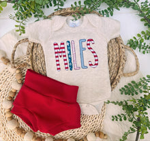 Load image into Gallery viewer, Personalized Baby Boy Outfit | Oatmeal Beige Bodysuit Red White and Blue Custom Baby Name
