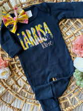 Load image into Gallery viewer, Personalized Baby Girl Outfit | Navy Romper Yellow Floral Purple Pink Baby Name

