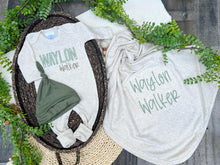 Load image into Gallery viewer, Personalized Baby Boy Outfit | Oatmeal Romper Olive Green And Taupe Baby Name
