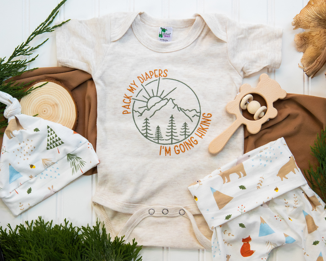 Baby Boy Outdoors Outfit | Oatmeal Beige Bodysuit - Pack My Diapers I'm Going Hiking