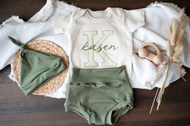 Personalized Baby Boy Outfit | Oatmeal Beige Bodysuit Green Stripes Big Letter Custom Name