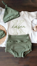 Load image into Gallery viewer, Personalized Baby Boy Outfit | Oatmeal Beige Bodysuit Green Stripes Big Letter Custom Name
