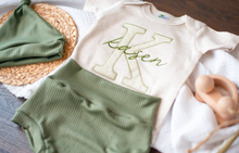Load image into Gallery viewer, Personalized Baby Boy Outfit | Oatmeal Beige Bodysuit Green Stripes Big Letter Custom Name
