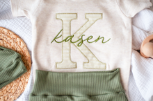 Load image into Gallery viewer, Personalized Baby Boy Outfit | Oatmeal Beige Bodysuit Green Stripes Big Letter Custom Name
