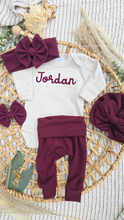 Load image into Gallery viewer, Personalized Baby Girl Outfit | Oatmeal Beige Bodysuit Burgundy Red Baby Name
