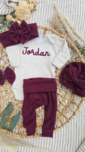 Load image into Gallery viewer, Personalized Baby Girl Outfit | Oatmeal Beige Bodysuit Burgundy Red Baby Name
