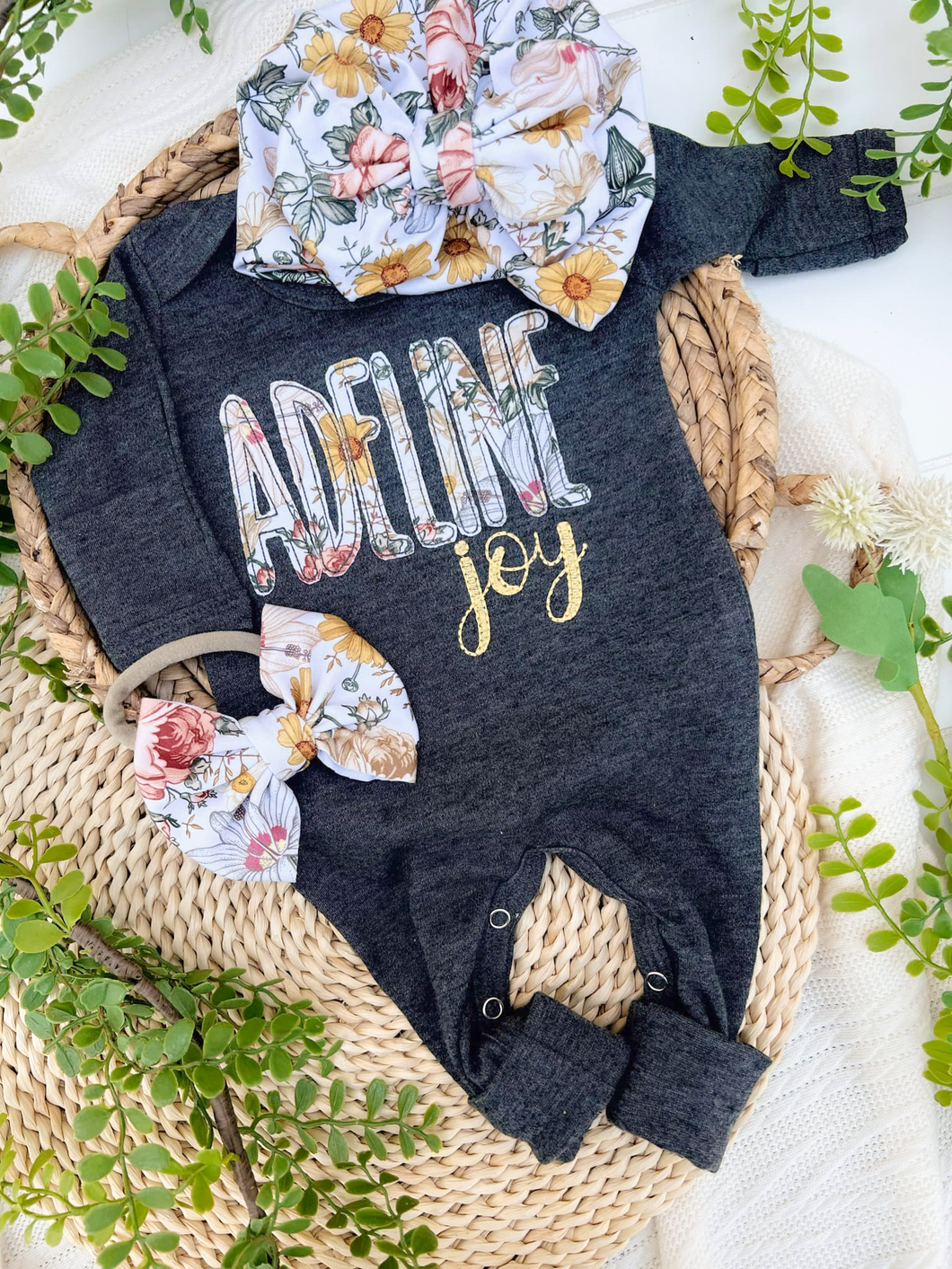 Personalized Baby Girl Outfit | Charcoal Gray Romper Floral Yellow Pink Baby Name