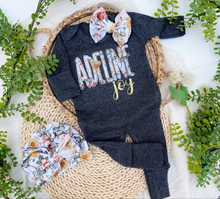 Load image into Gallery viewer, Personalized Baby Girl Outfit | Charcoal Gray Romper Floral Yellow Pink Baby Name
