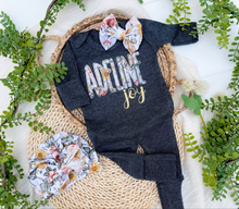 Load image into Gallery viewer, Personalized Baby Girl Outfit | Charcoal Gray Romper Floral Yellow Pink Baby Name
