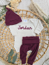 Load image into Gallery viewer, Personalized Baby Boy Outfit | Oatmeal Beige Bodysuit Burgundy Red Custom Baby Name
