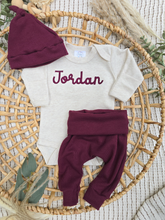 Load image into Gallery viewer, Personalized Baby Boy Outfit | Oatmeal Beige Bodysuit Burgundy Red Custom Baby Name

