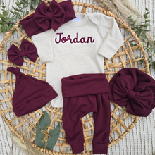 Load image into Gallery viewer, Personalized Baby Boy Outfit | Oatmeal Beige Bodysuit Burgundy Red Custom Baby Name
