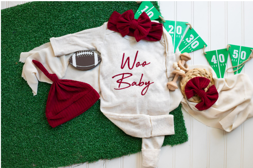 Baby Outfit |  Oatmeal Romper Embroidered Red Woo Baby - Arkansas