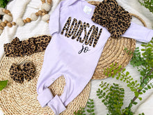 Load image into Gallery viewer, Personalized Baby Girl Outfit | Purple Romper Leopard Print Baby Name
