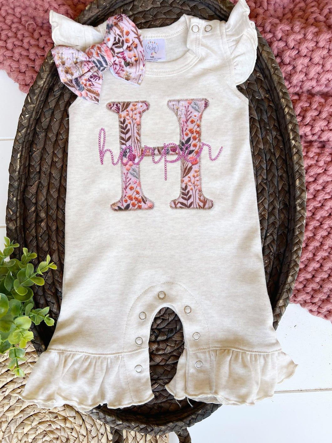 Personalized Baby Girl Outfit | Oatmeal Flutter Sleeve Ruffle Romper Floral Pink Baby Initials - Harper Madison