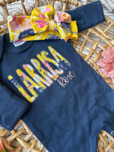 Load image into Gallery viewer, Personalized Baby Girl Outfit | Navy Romper Yellow Floral Purple Pink Baby Name
