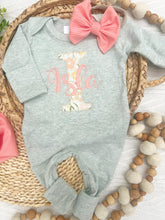 Load image into Gallery viewer, Personalized Baby Girl Outfit | Sage Green Romper Floral Letter Pink Baby Name
