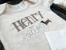 Load image into Gallery viewer, Personalized Baby Boy Outfit | Oatmeal Beige Bodysuit Dog Blue Custom Name
