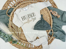 Load image into Gallery viewer, Personalized Baby Boy Newborn Outfit | Natural Oatmeal Romper Duck Baby Boy Name
