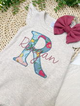 Load image into Gallery viewer, Personalized Baby Girl Outfit | Oatmeal Flutter Sleeve Ruffle Romper Floral Bright Blue Baby Name
