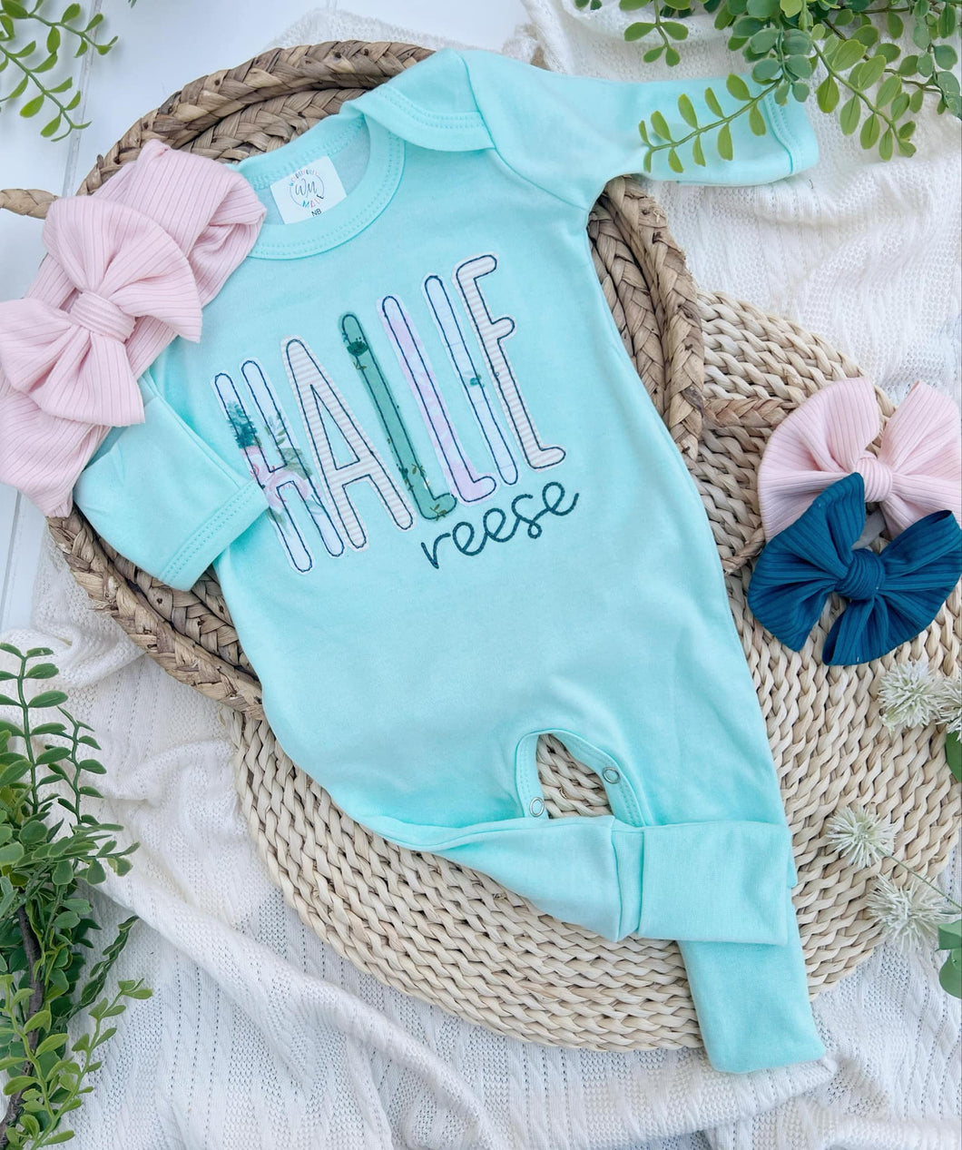 Personalized Baby Girl Outfit | Ming Green Romper Floral Green Pink Baby Name - Hallie Reese