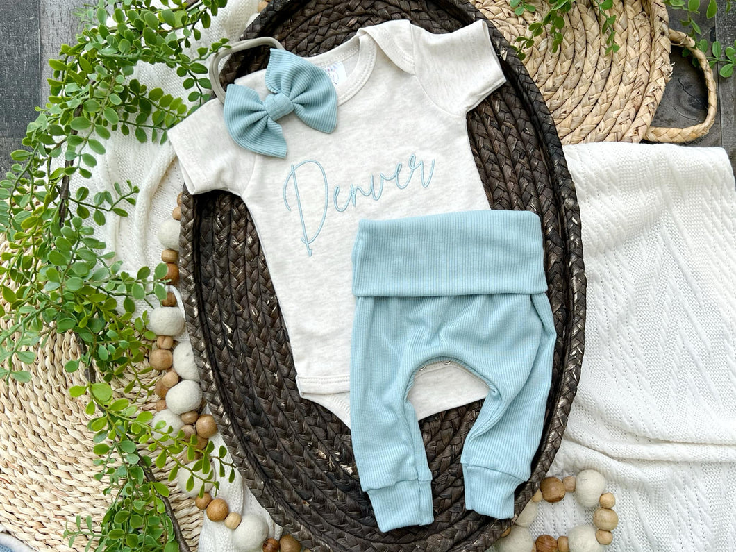 Personalized Baby Girl Outfit | Oatmeal Beige Bodysuit Blue Baby Name