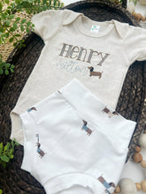 Load image into Gallery viewer, Personalized Baby Boy Outfit | Oatmeal Beige Bodysuit Dog Blue Custom Name
