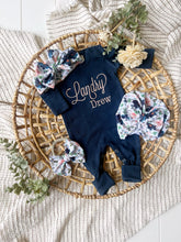 Load image into Gallery viewer, Baby Girl Outfit | Navy Romper - Pink White Blue Floral Baby Name
