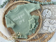 Load image into Gallery viewer, Personalized Baby Girl Newborn Outfit | Sage Green Sweater Romper Baby Name
