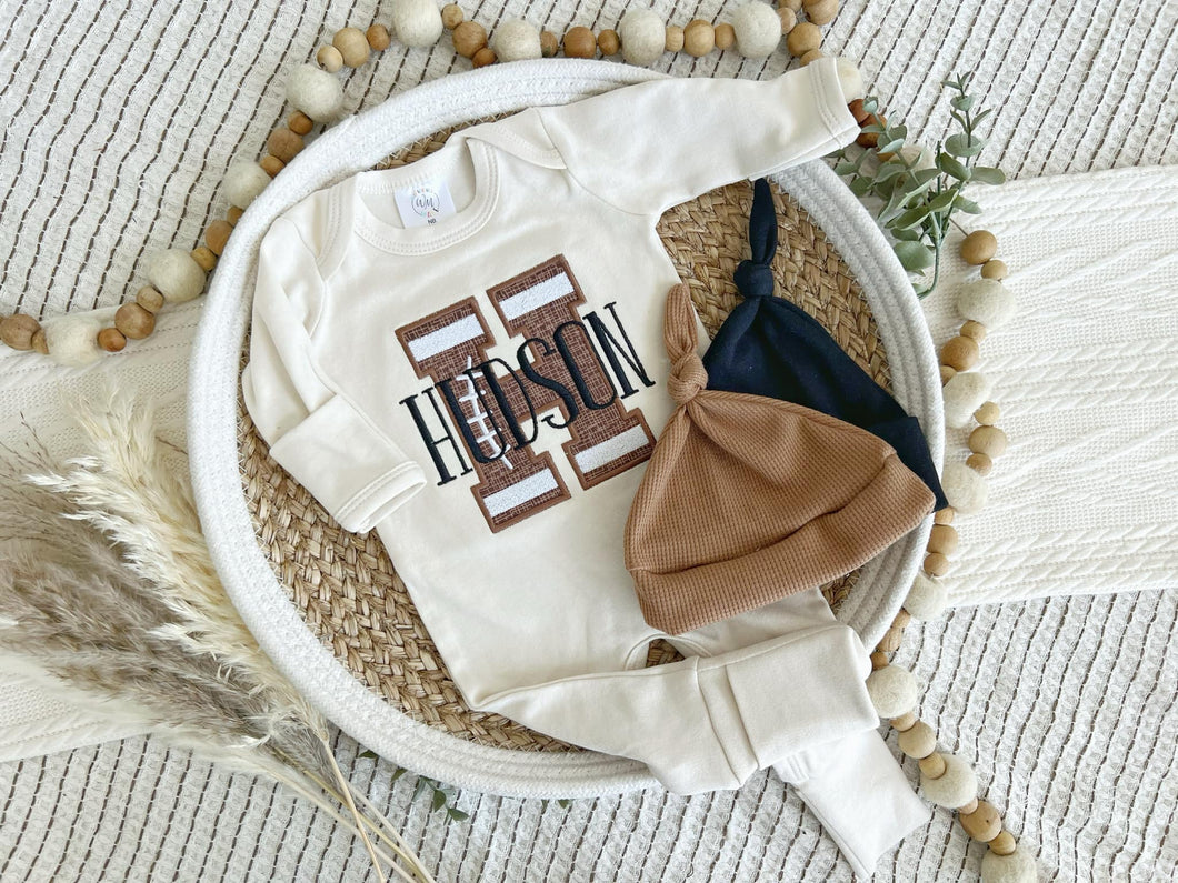 Personalized Baby Boy Name Outfit | Oatmeal Beige Romper Football Brown Big Initial