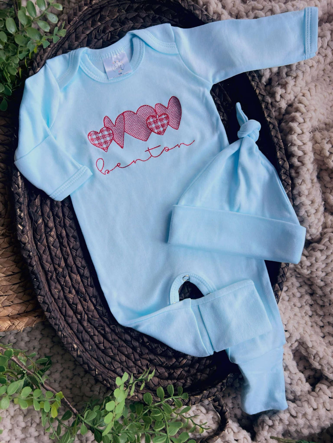 Personalized Newborn Baby Boy Outfit | Baby Blue Romper Valentine Hearts - Benton