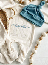 Load image into Gallery viewer, Personalized Baby Boy Outfit | Oatmeal Romper Light Blue Stripe Initial And Baby Name
