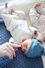 Load image into Gallery viewer, Personalized Baby Boy Outfit | Oatmeal Romper Light Blue Stripe Initial And Baby Name
