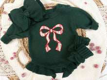 Load image into Gallery viewer, Vintage Candy Cane Bow Baby Girl Christmas Sweater Romper
