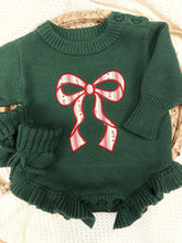 Load image into Gallery viewer, Vintage Candy Cane Bow Baby Girl Christmas Sweater Romper
