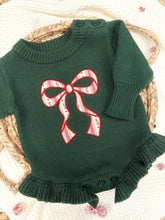 Load image into Gallery viewer, Vintage Candy Cane Bow Baby Girl Christmas Sweater Romper
