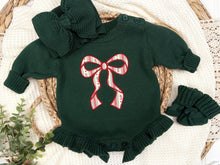 Load image into Gallery viewer, Vintage Candy Cane Bow Baby Girl Christmas Sweater Romper
