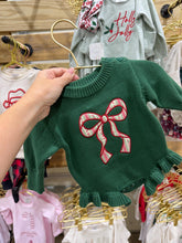 Load image into Gallery viewer, Vintage Candy Cane Bow Baby Girl Christmas Sweater Romper
