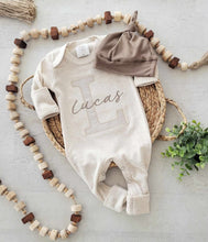 Load image into Gallery viewer, Personalized Baby Boy Outfit | Oatmeal Romper Light Blue Stripe Initial And Baby Name

