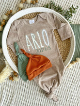Load image into Gallery viewer, Personalized Baby Boy Outfit | Mocha Brown Knotted Gown Green Orange Custom Baby Name
